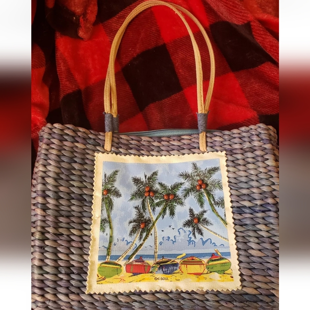 Woven Palm-Print Tote with Yellow Handles